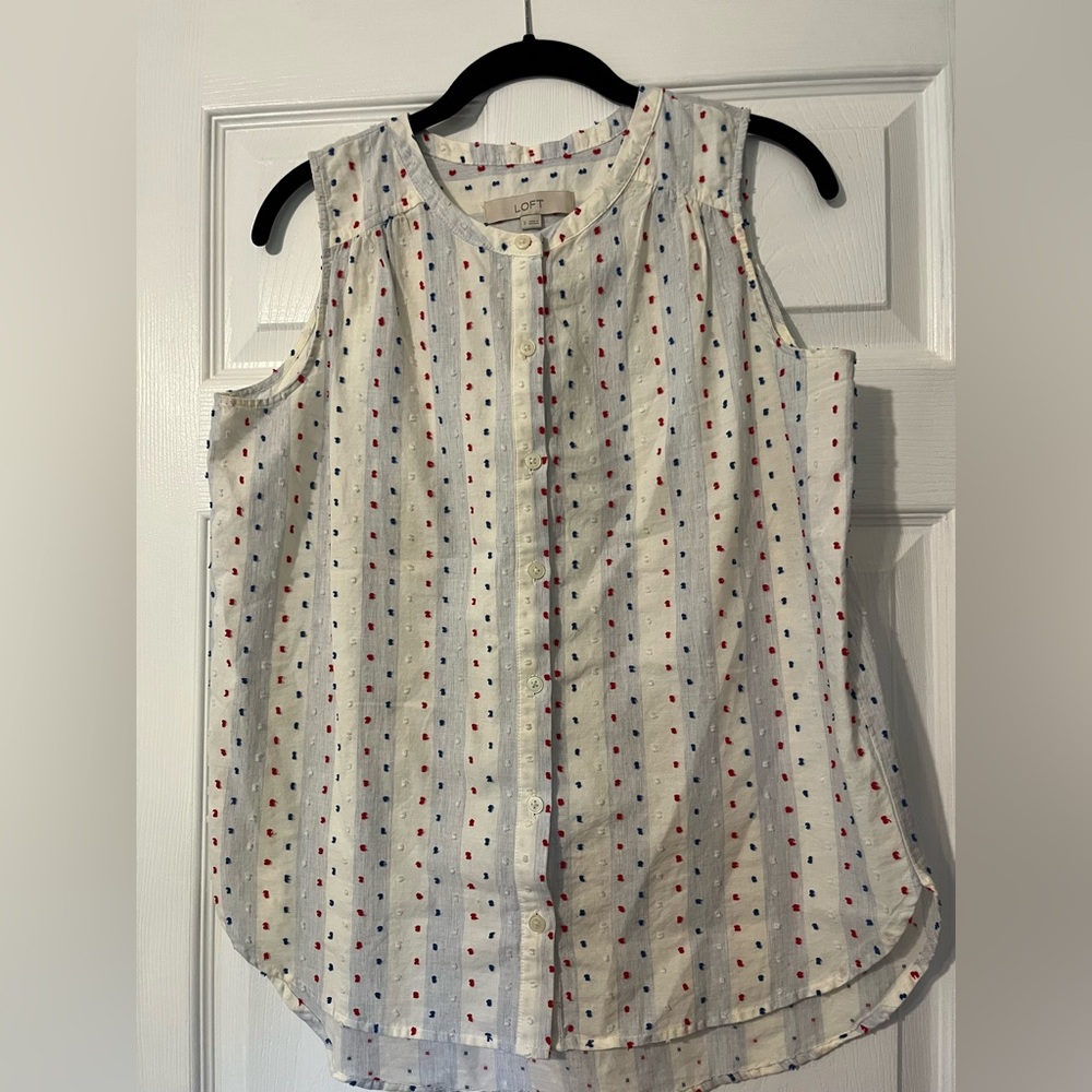 LOFT Blue and White Boxy Blouse with Peter Pan Collar
